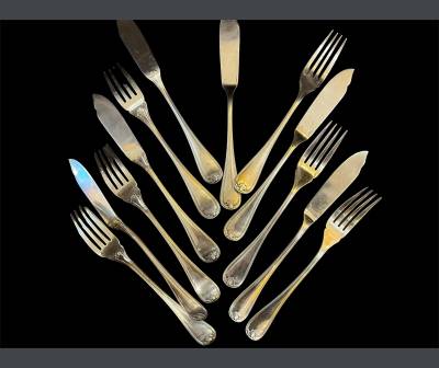 CHRISTOFLE. Series of six silver metal fish cutlery